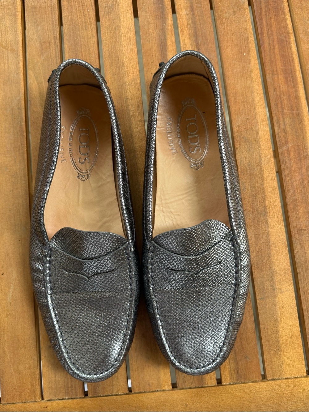 Tod's Metallic Gunmetal Leather Penny Loafers